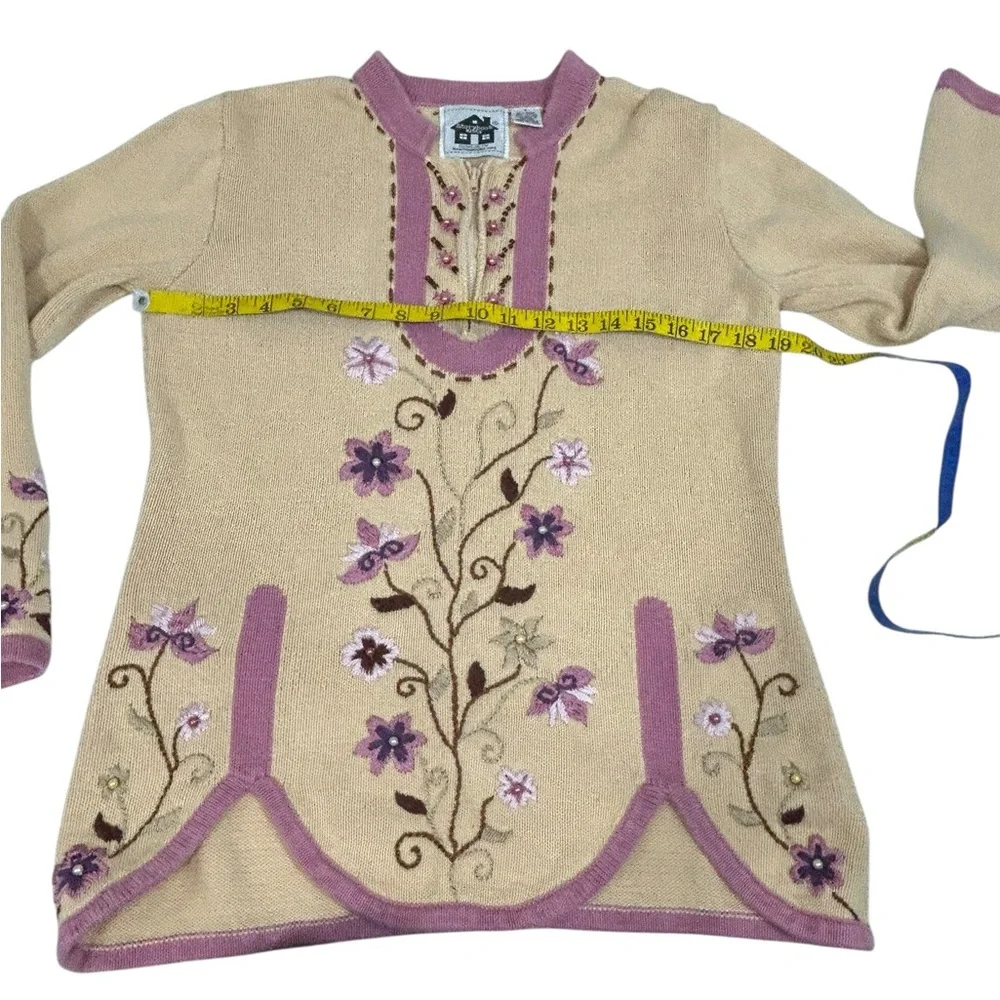 Storybook Knits Irresistible Floral Sweater Zip Neck Nordic Beige Sz Small Vtg - Picture 10 of 12
